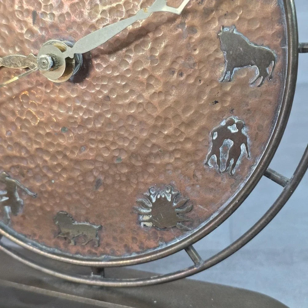 VTG Rare Art Deco Hammered Copper Zodiac Table Mantel Clock Brass Footed Works